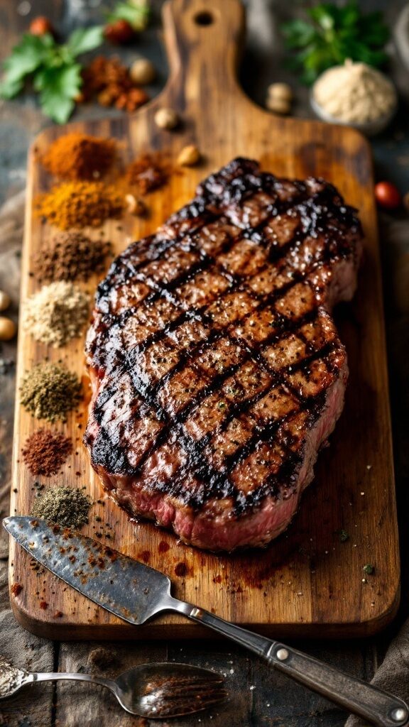 cooked steak on a wooden table with many different spices