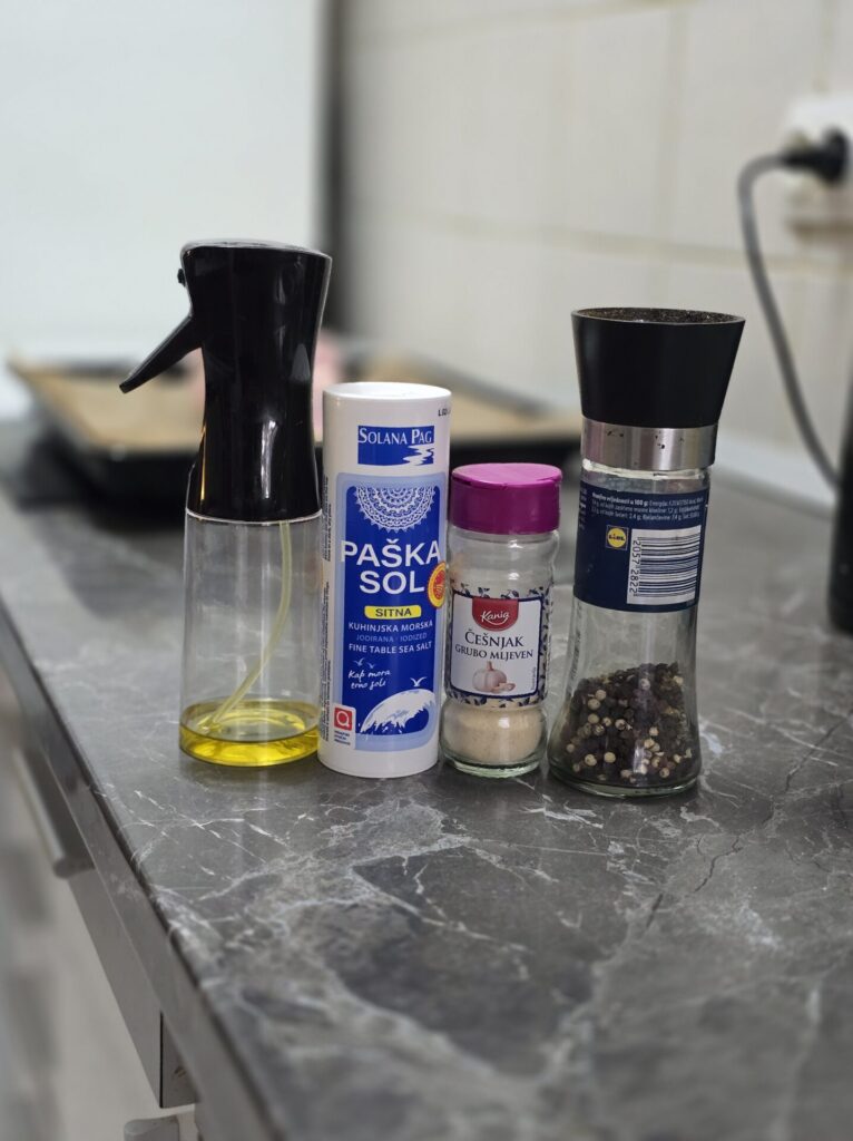 olive oil, salt, garlic powder, black pepper