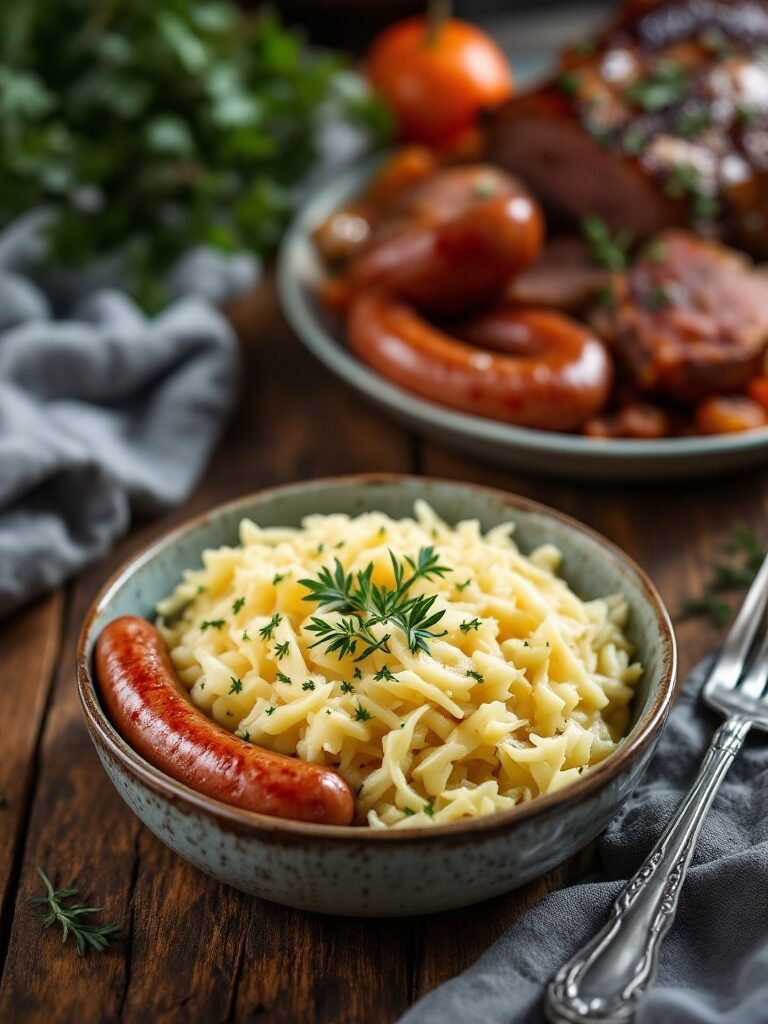 bowl of sauerkraut with sausage