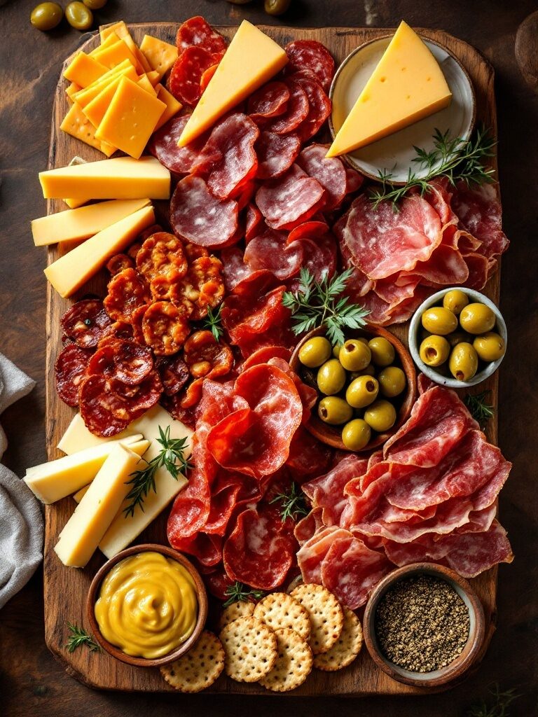 Smoky platter with cheese and olives