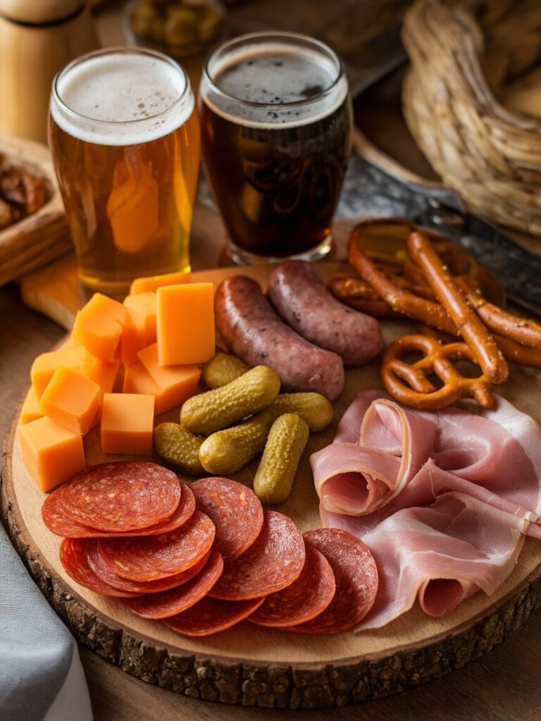 meat and cheese platter with beer