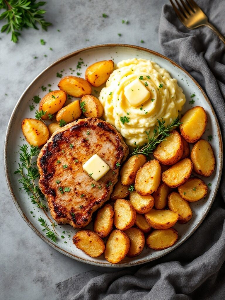 plate with pork and roasted potatoes