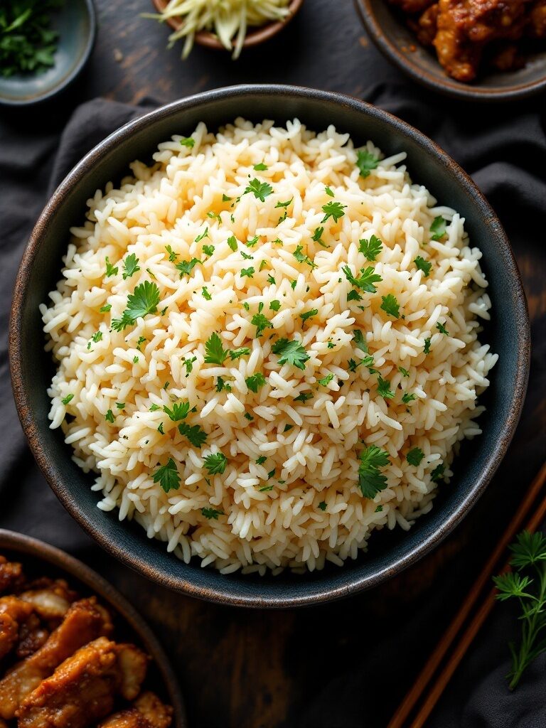 a bowl of cooked rice, pork side dish