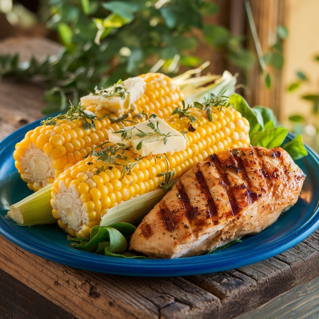 corn on the cob with grilled chicken breasts