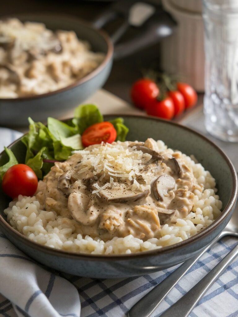 chicken with white rice, cream, and mushrooms