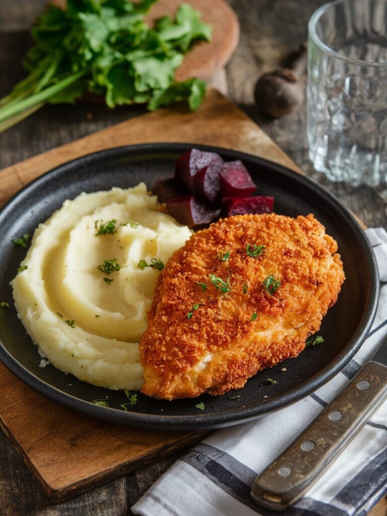 breaded chicken with mashed potatoes