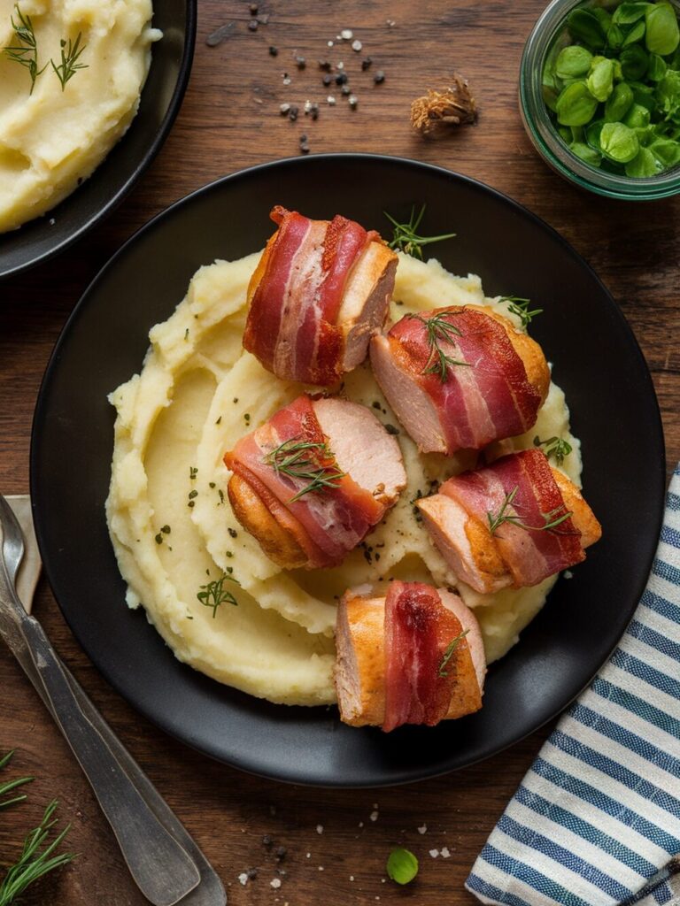 chicken breast wrapped in bacon with mashed potatoes