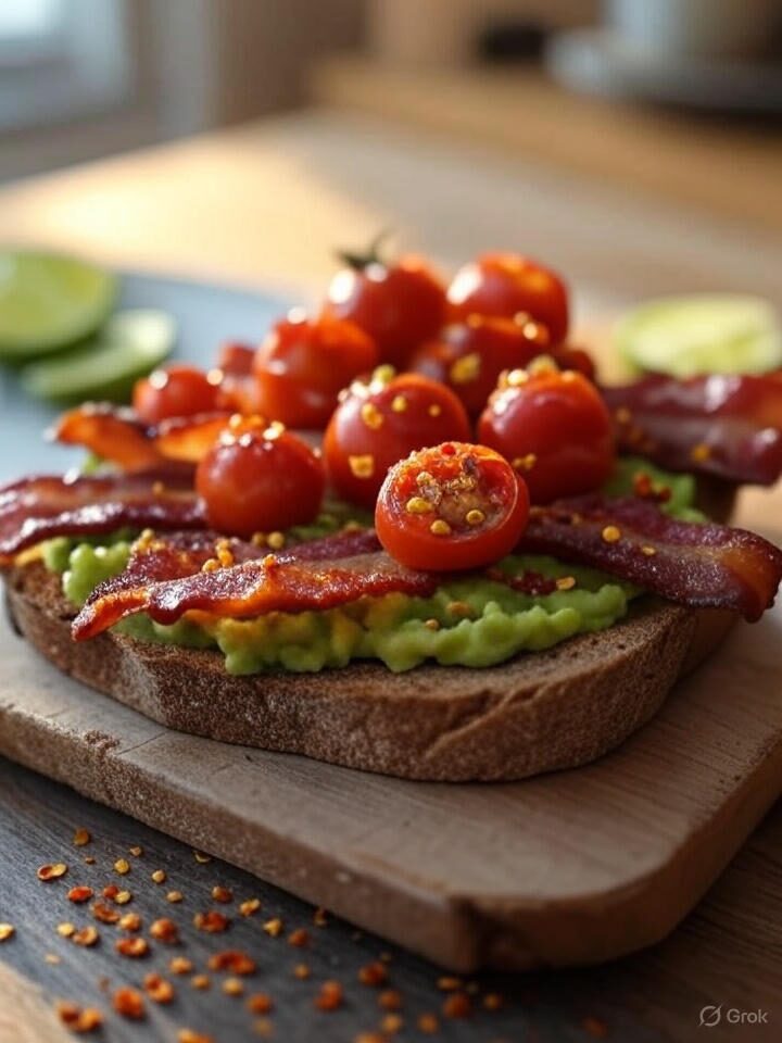 bacon and avocado toast with cherry tomatoes on top