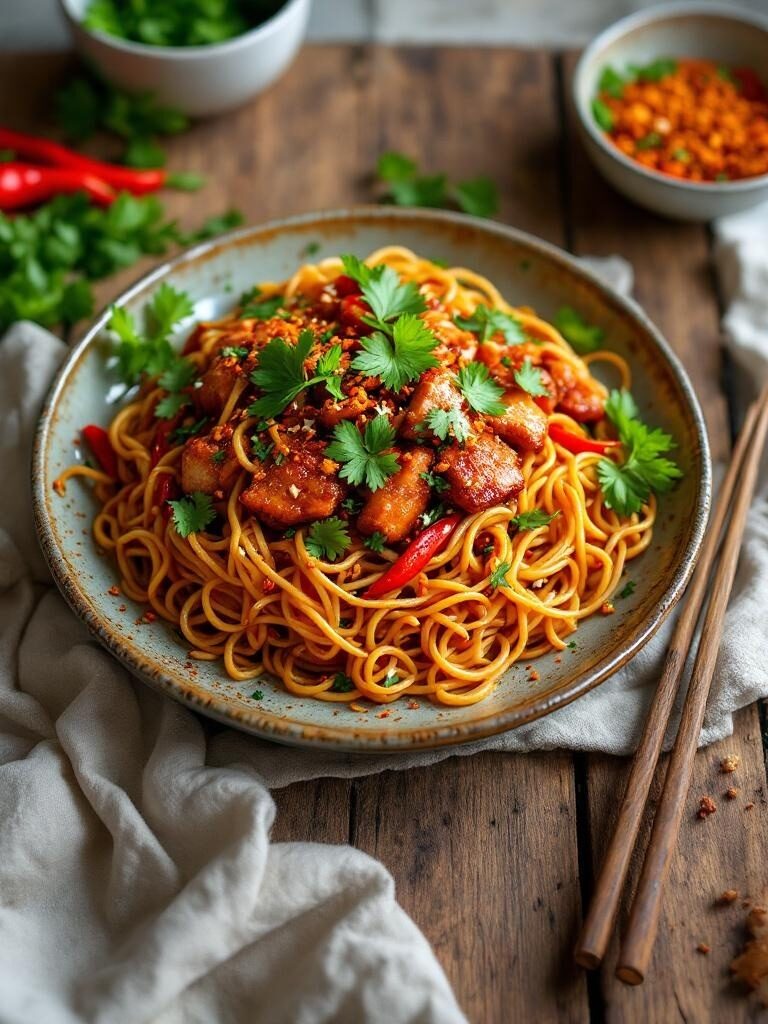 sweet chilli and pepper noodles with pork