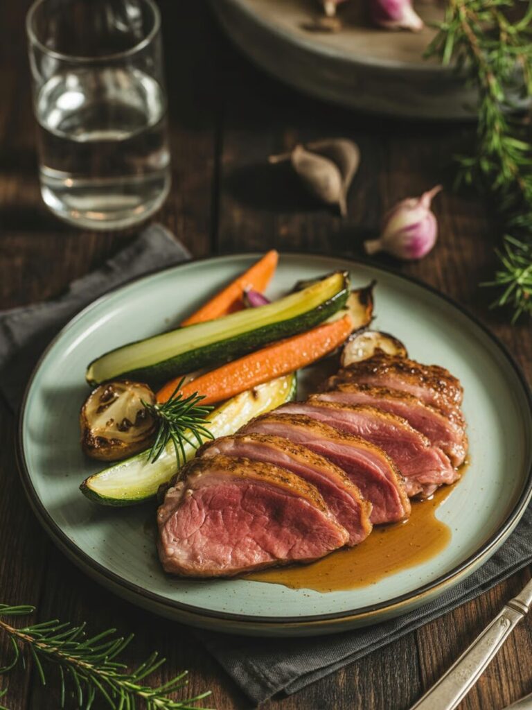 maple-glazed duck breast with roasted vegetables